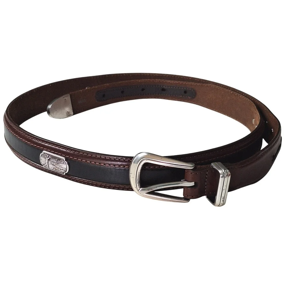 Vtg Brighton Onyx Leather Belt Mens 44 Brown Black Golf Plaque Western Braided‎